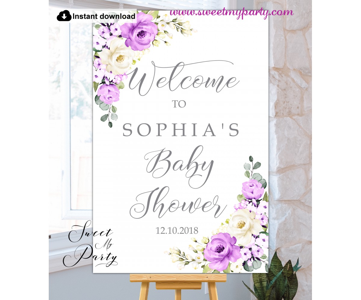 Purple Ivory Baby Shower Welcome Sign template,(144)